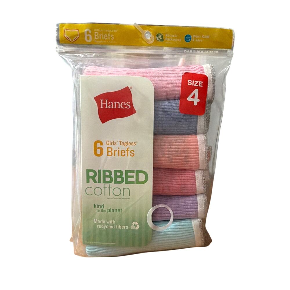 Hanes Girls Ribbed Cotton Panty Brief 6-Pack Pink Purple Blue Size 4 New